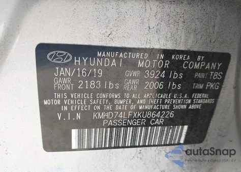 2019 Hyundai Elantra Se из США, поврежденный, VIN KMHD74LFXKU864226
